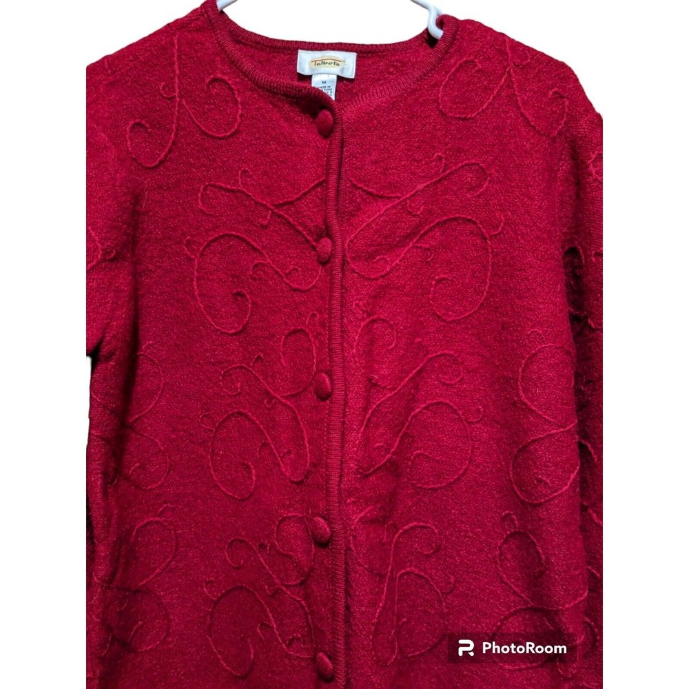 Talbots Red 100% Wool Womans Button Down Embroidered Sweater Med Holiday